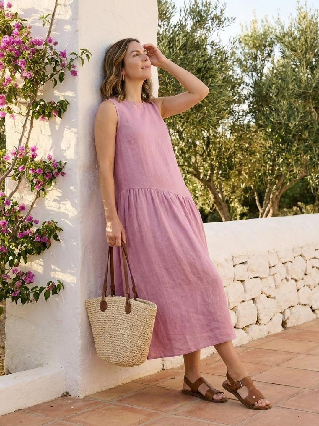 100% Cotton-Linen Summer Midi Dress pink image 2 