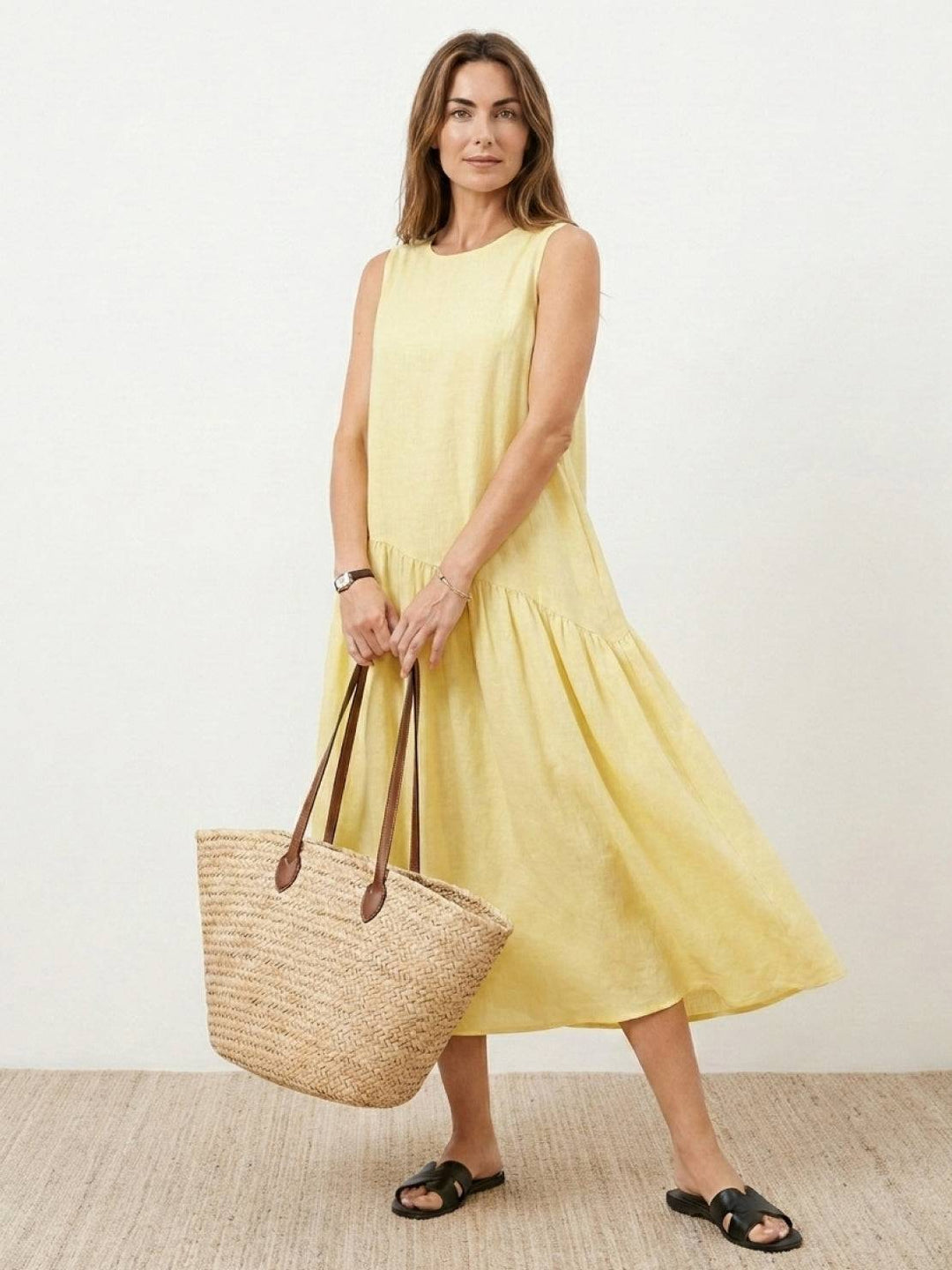 100% Cotton-Linen Summer Midi Dress yellow image 1 