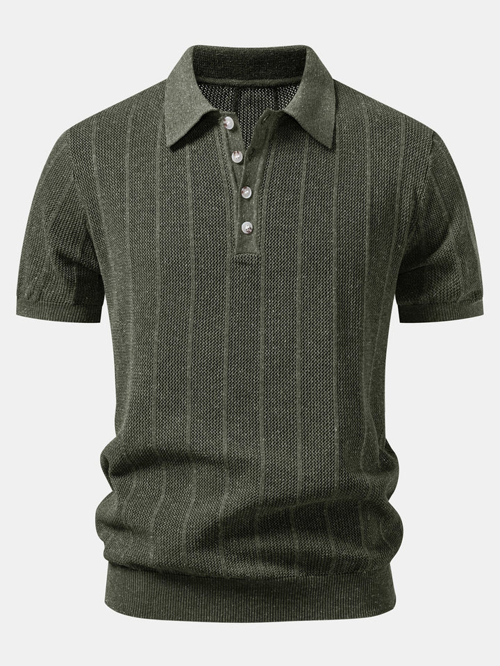 Linen Stripe Open Knit Polo & Straight Leg Linen Pants