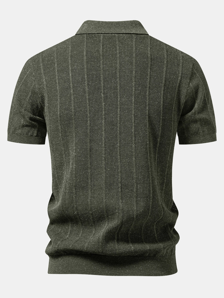 Linen Stripe Open Knit Polo & Straight Leg Linen Pants