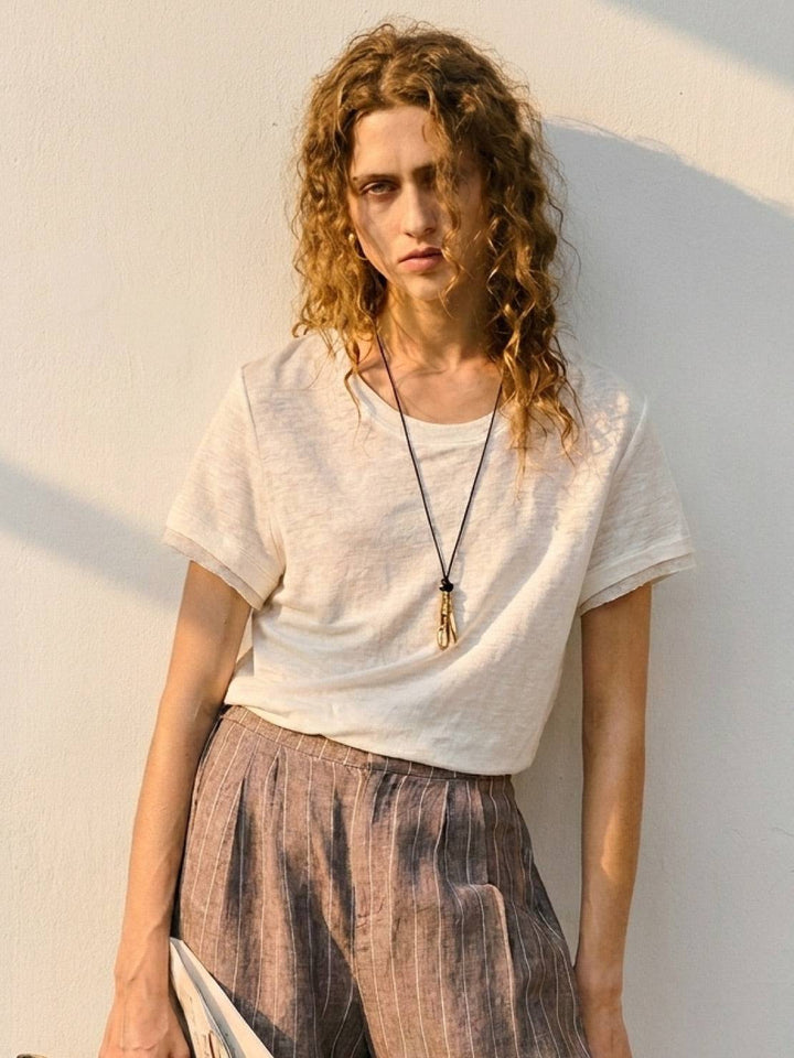 100% Linen Rolled Cuff Tee white image 1 