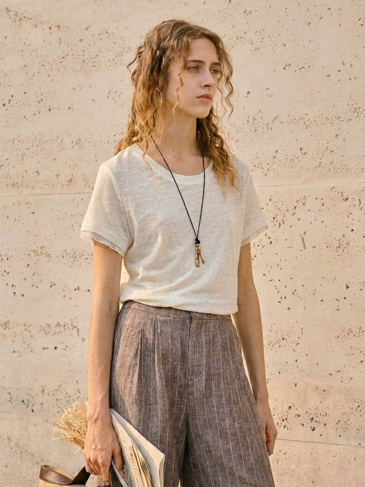 100% Linen Rolled Cuff Tee white image 2 