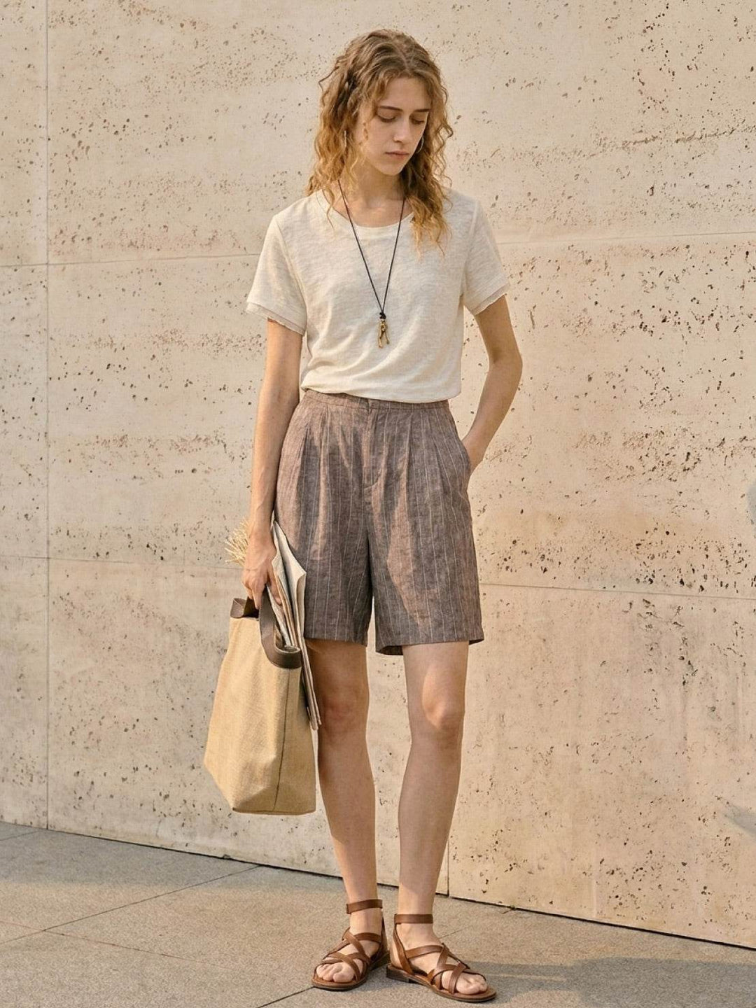 100% Linen Rolled Cuff Tee white image 4 