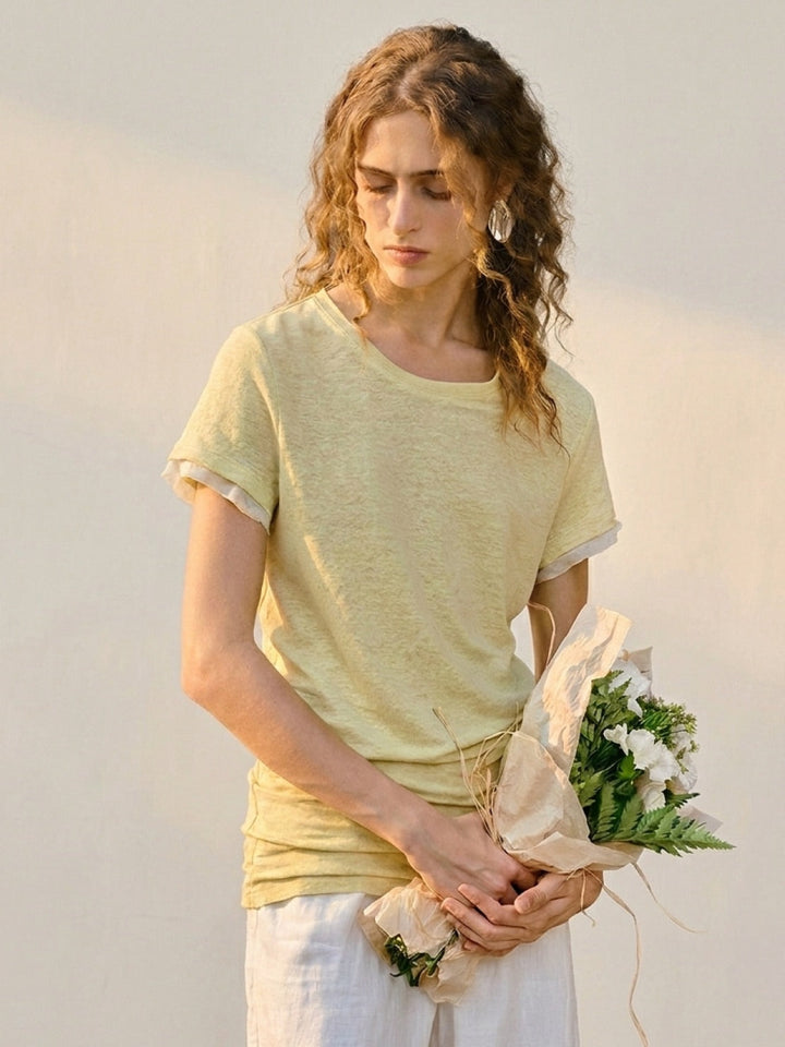 100% Linen Rolled Cuff Tee yellow image 1 
