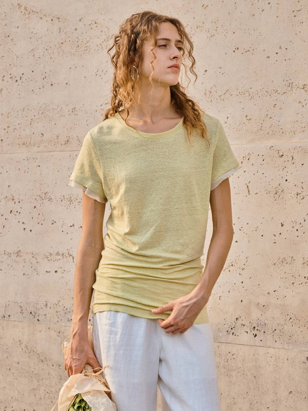 100% Linen Rolled Cuff Tee yellow image 2 