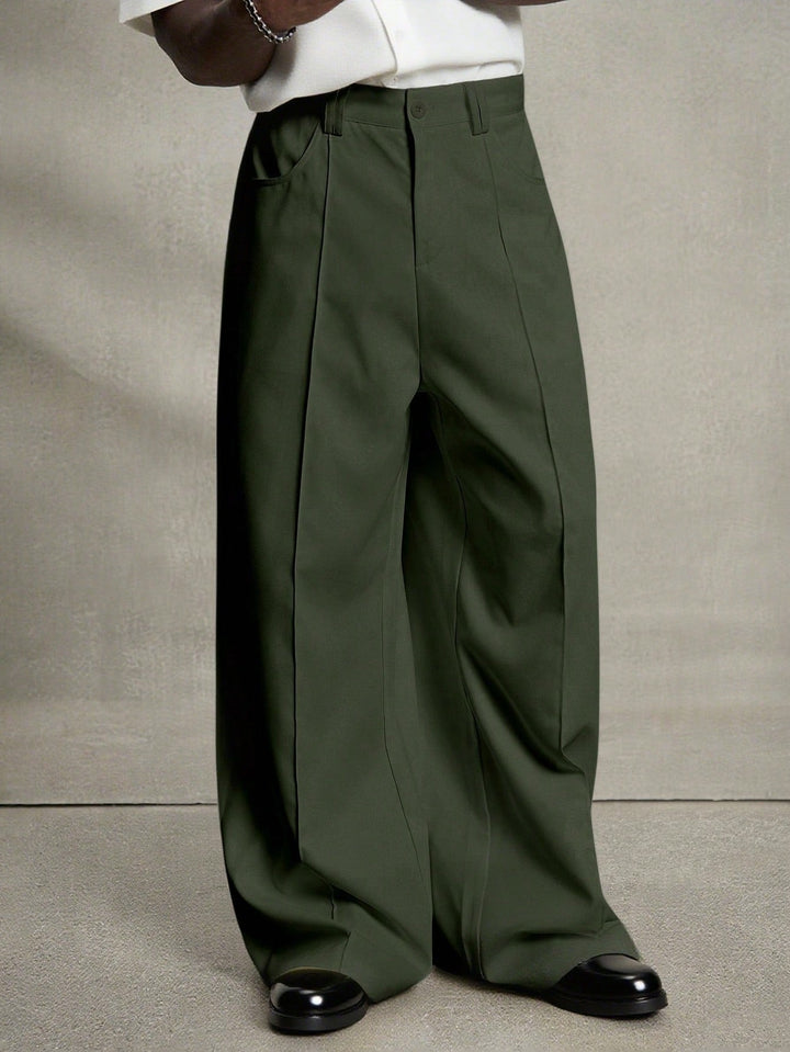 Men's Army Green Front Pleat Wide Leg Dress Pants, Casual Loose Drape Straight Suit Trousers
