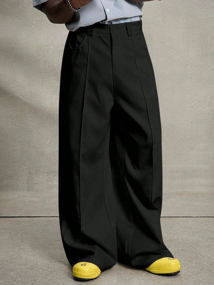 Men's Army Green Front Pleat Wide Leg Dress Pants, Casual Loose Drape Straight Suit Trousers