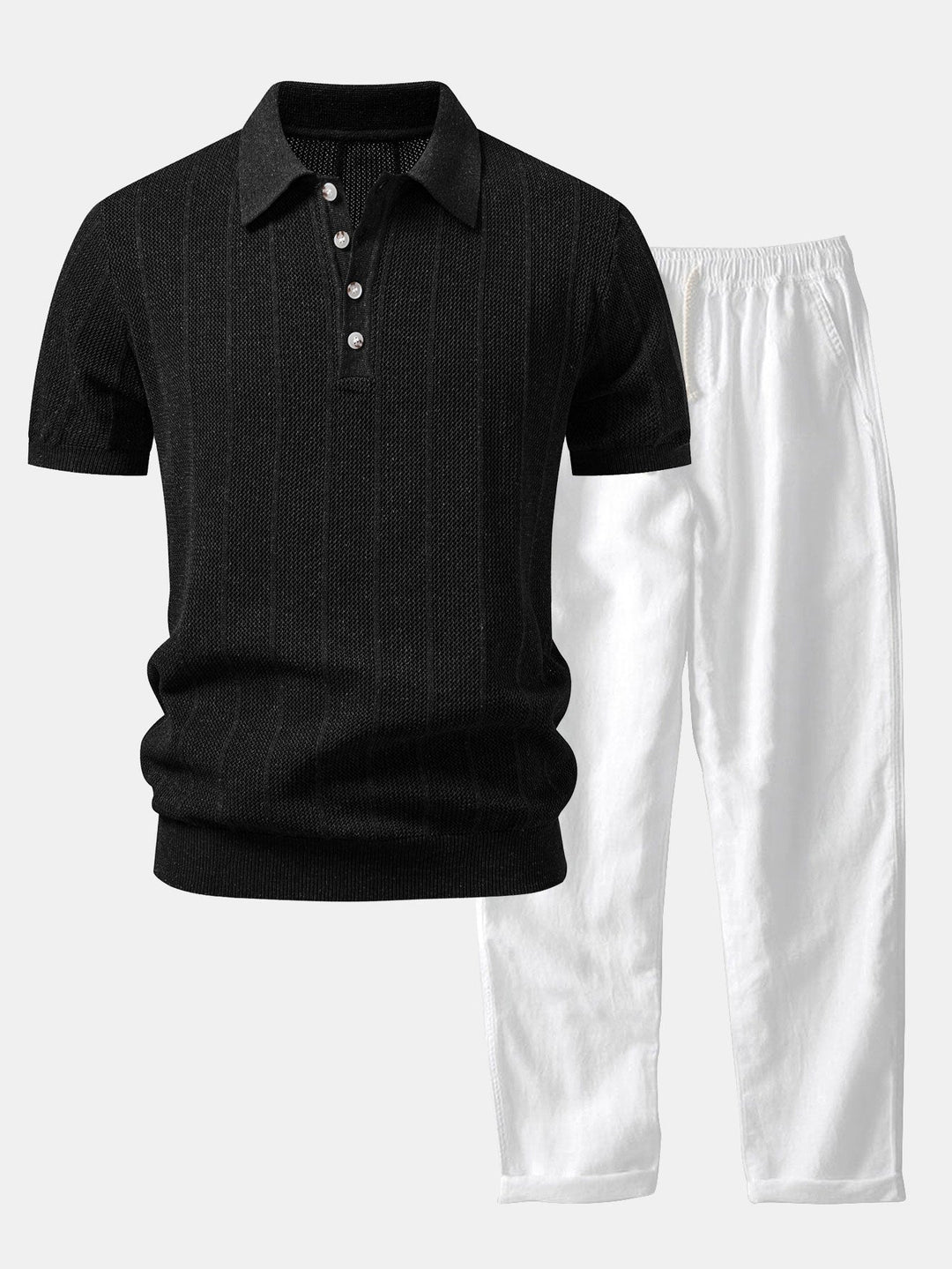 Linen Stripe Open Knit Polo & Straight Leg Linen Pants