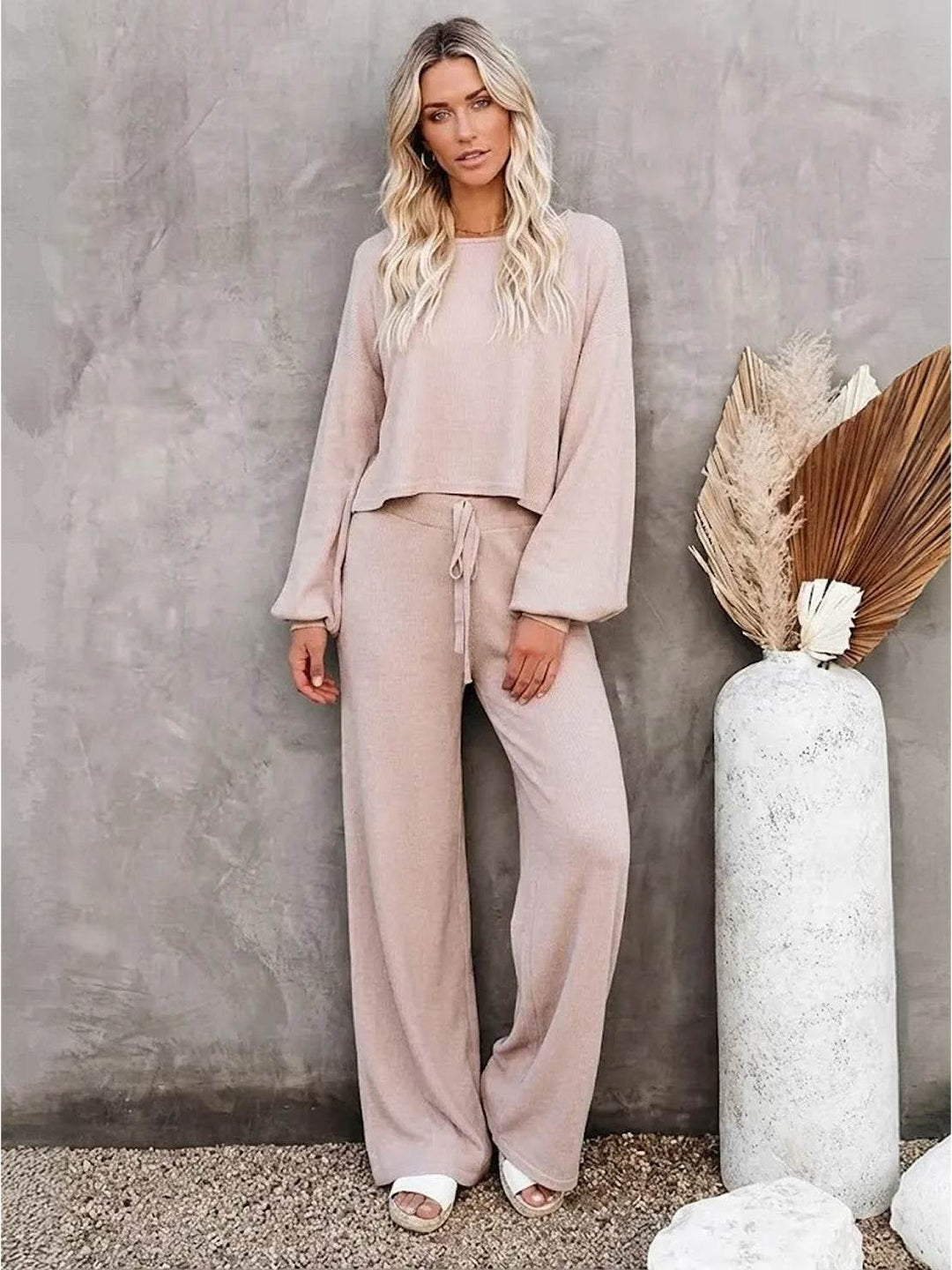 Round Neck Loose Fit Cozy Two-Piece Set apricot image 2 