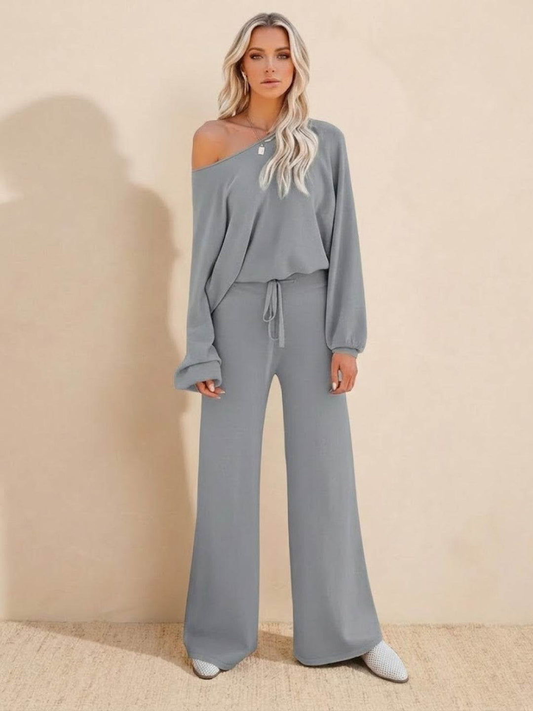 Round Neck Loose Fit Cozy Two-Piece Set gray image 1 