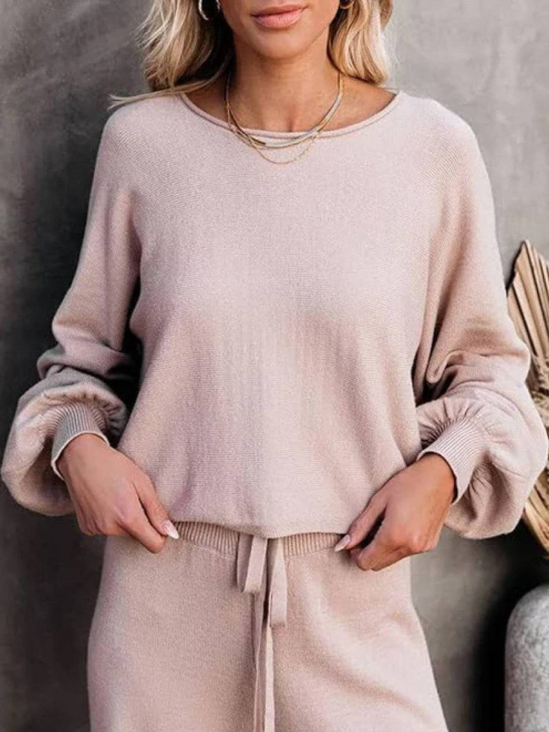 Round Neck Loose Fit Cozy Two-Piece Set apricot image 3 