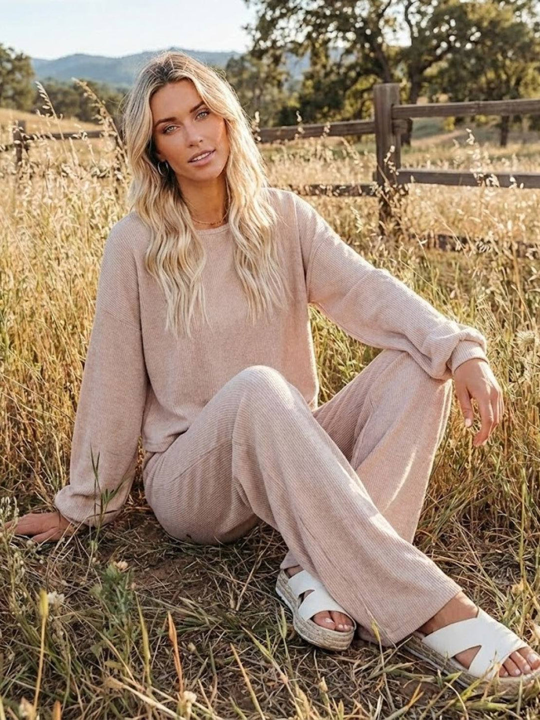 Round Neck Loose Fit Cozy Two-Piece Set apricot image 5 