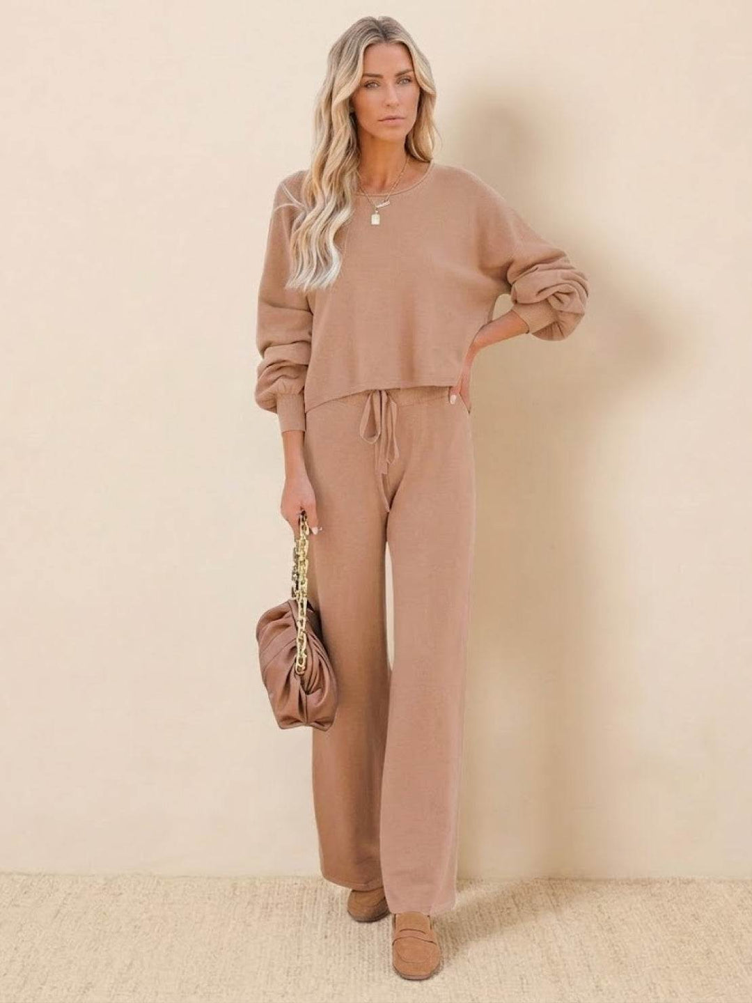 Round Neck Loose Fit Cozy Two-Piece Set khaki image 1 