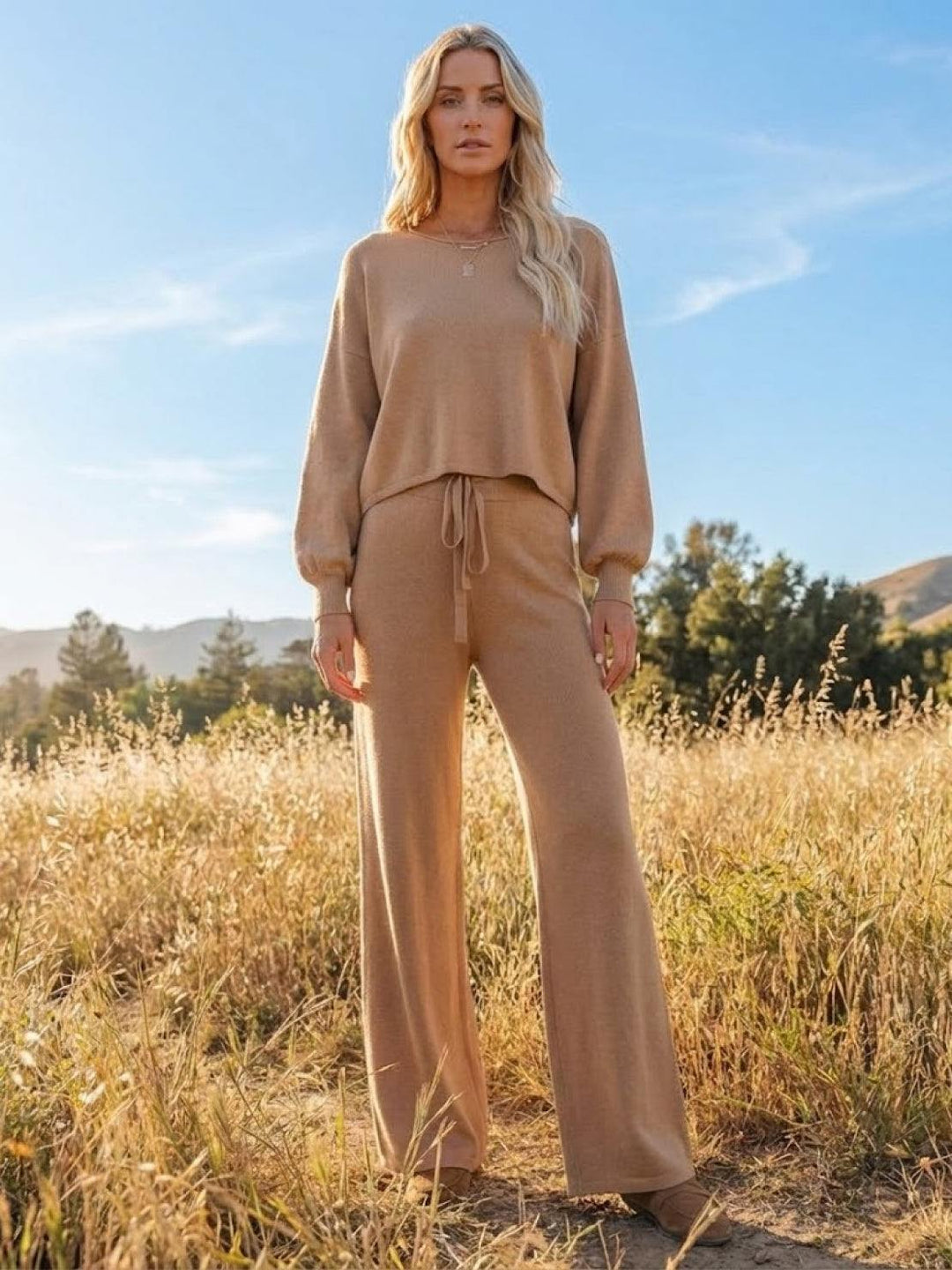 Round Neck Loose Fit Cozy Two-Piece Set khaki image 5 