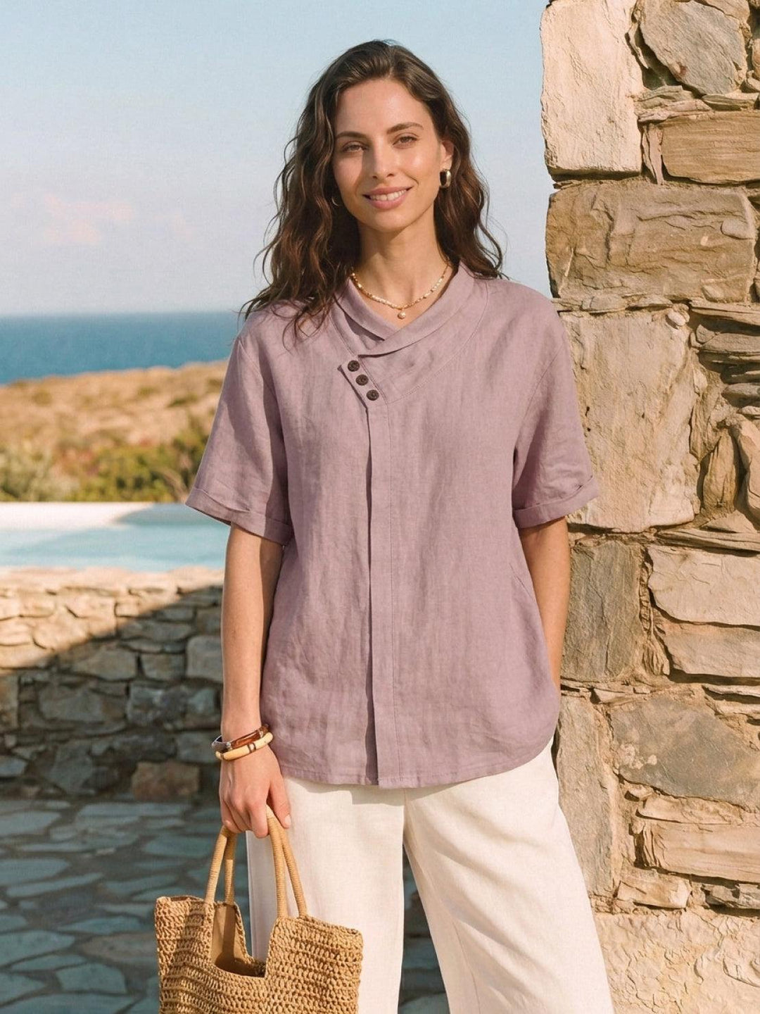 100% Linen Relaxed V-Neck Top pastel pink image 4 