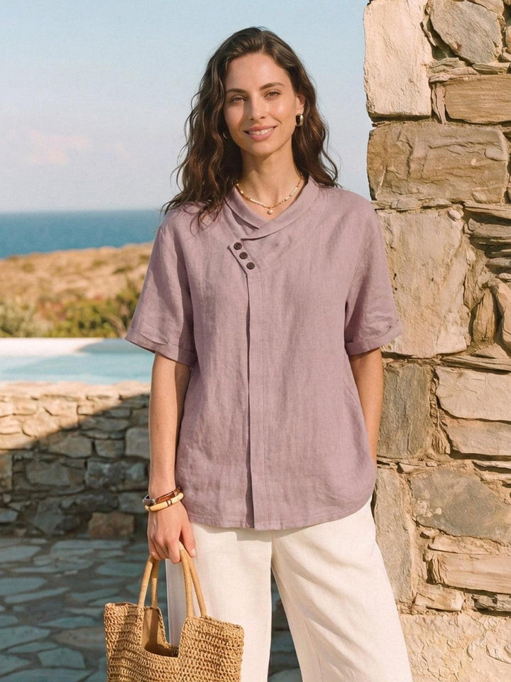 100% Linen Relaxed V-Neck Top pastel pink image 4 