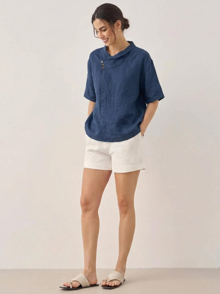100% Linen Relaxed V-Neck Top navy blue image 3 