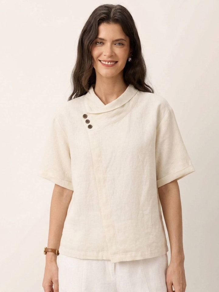 100% Linen Relaxed V-Neck Top cream image 1 