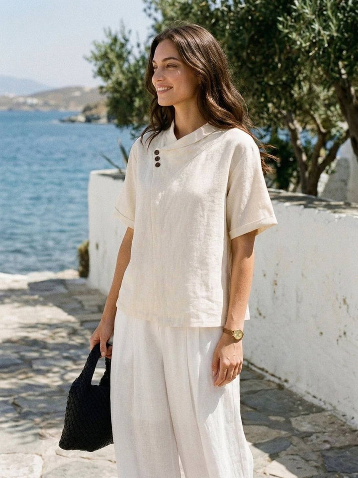 100% Linen Relaxed V-Neck Top cream image 2 