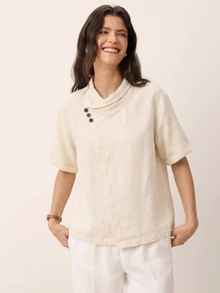 100% Linen Relaxed V-Neck Top cream image 3 