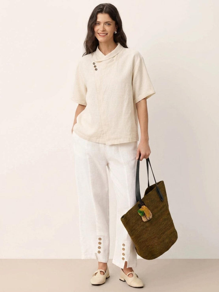 100% Linen Relaxed V-Neck Top cream image 4 