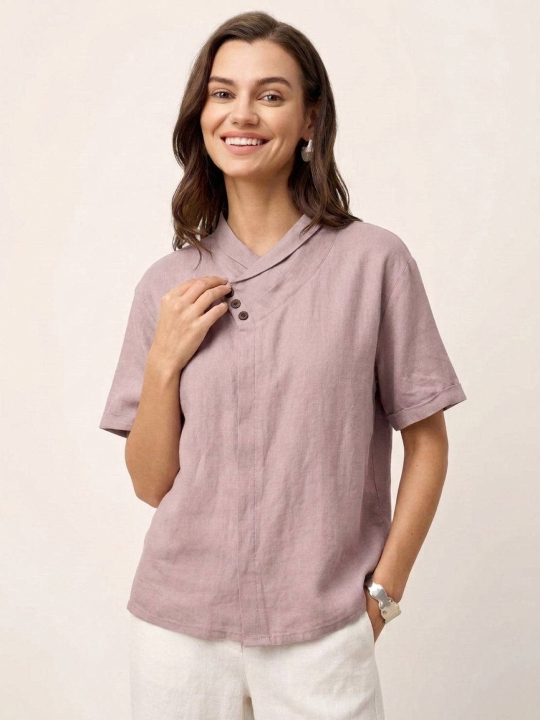 100% Linen Relaxed V-Neck Top pastel pink image 1 #color_pastel-pink