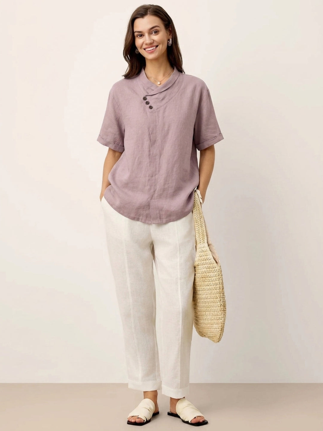 100% Linen Relaxed V-Neck Top pastel pink image 3 