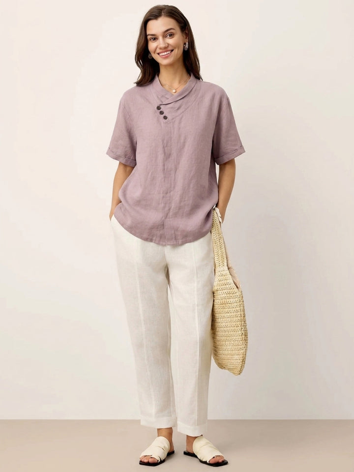 100% Linen Relaxed V-Neck Top pastel pink image 3 
