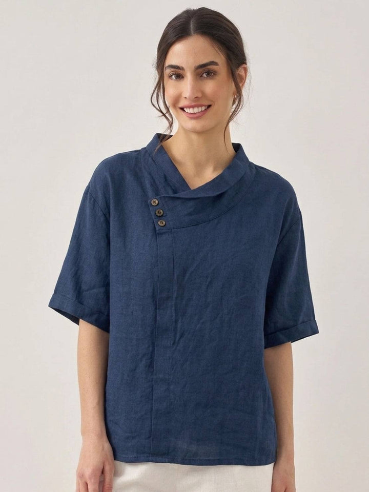 100% Linen Relaxed V-Neck Top navy blue image 1 
