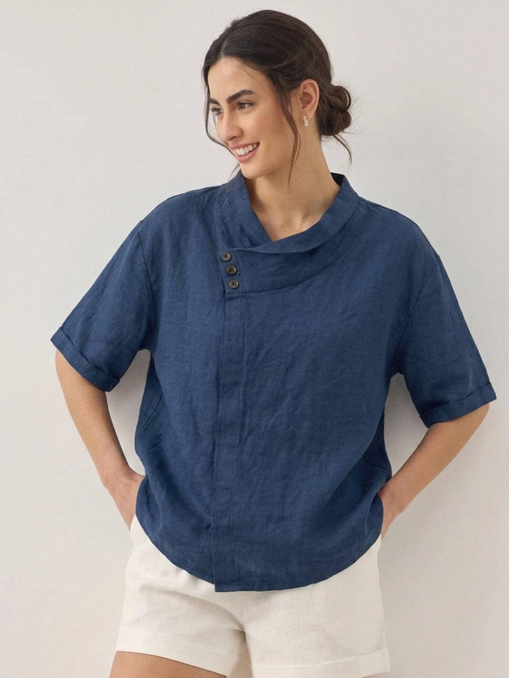 100% Linen Relaxed V-Neck Top navy blue image 4 