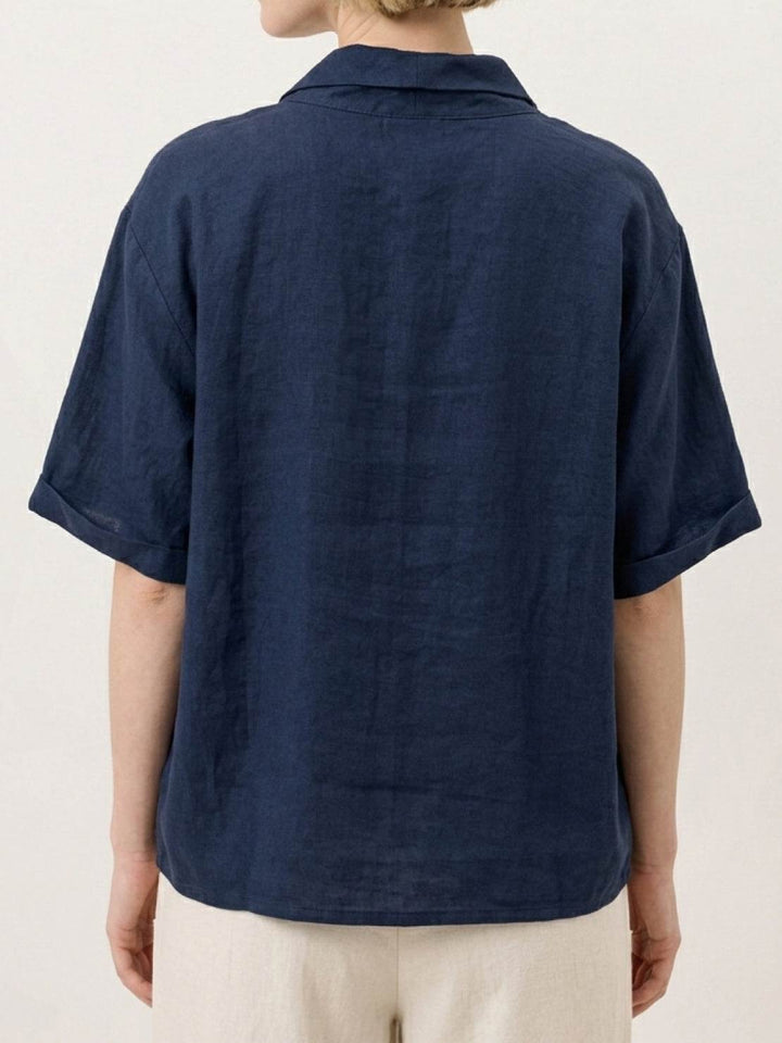 100% Linen Relaxed V-Neck Top navy blue image 5 