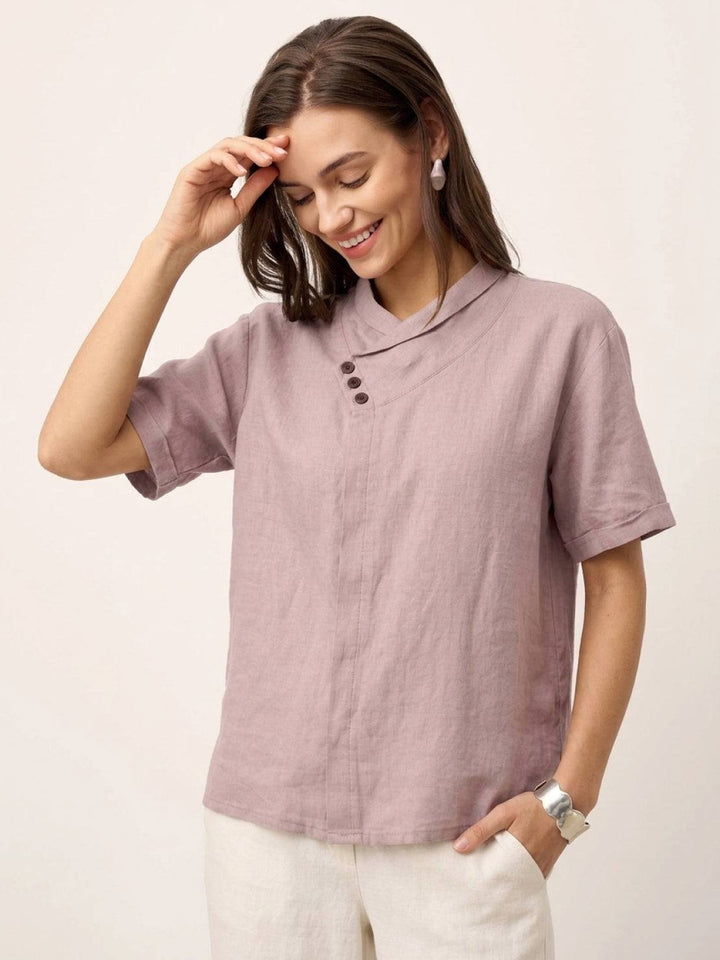 100% Linen Relaxed V-Neck Top pastel pink image 2 