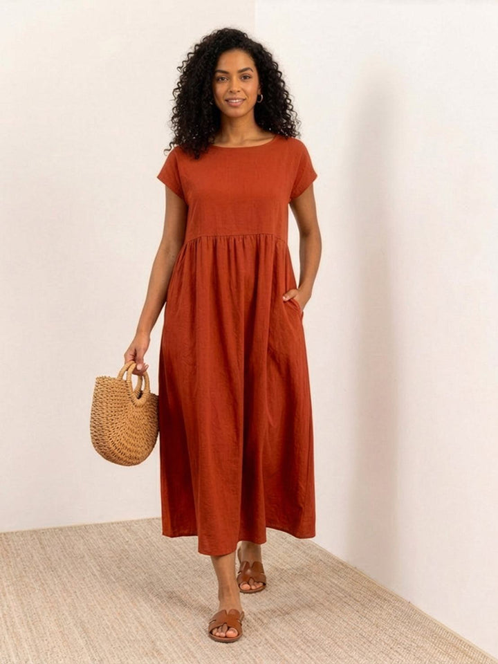 Capped-sleeve, Voluminous Pleated Midi Dress rusty orange image 1 