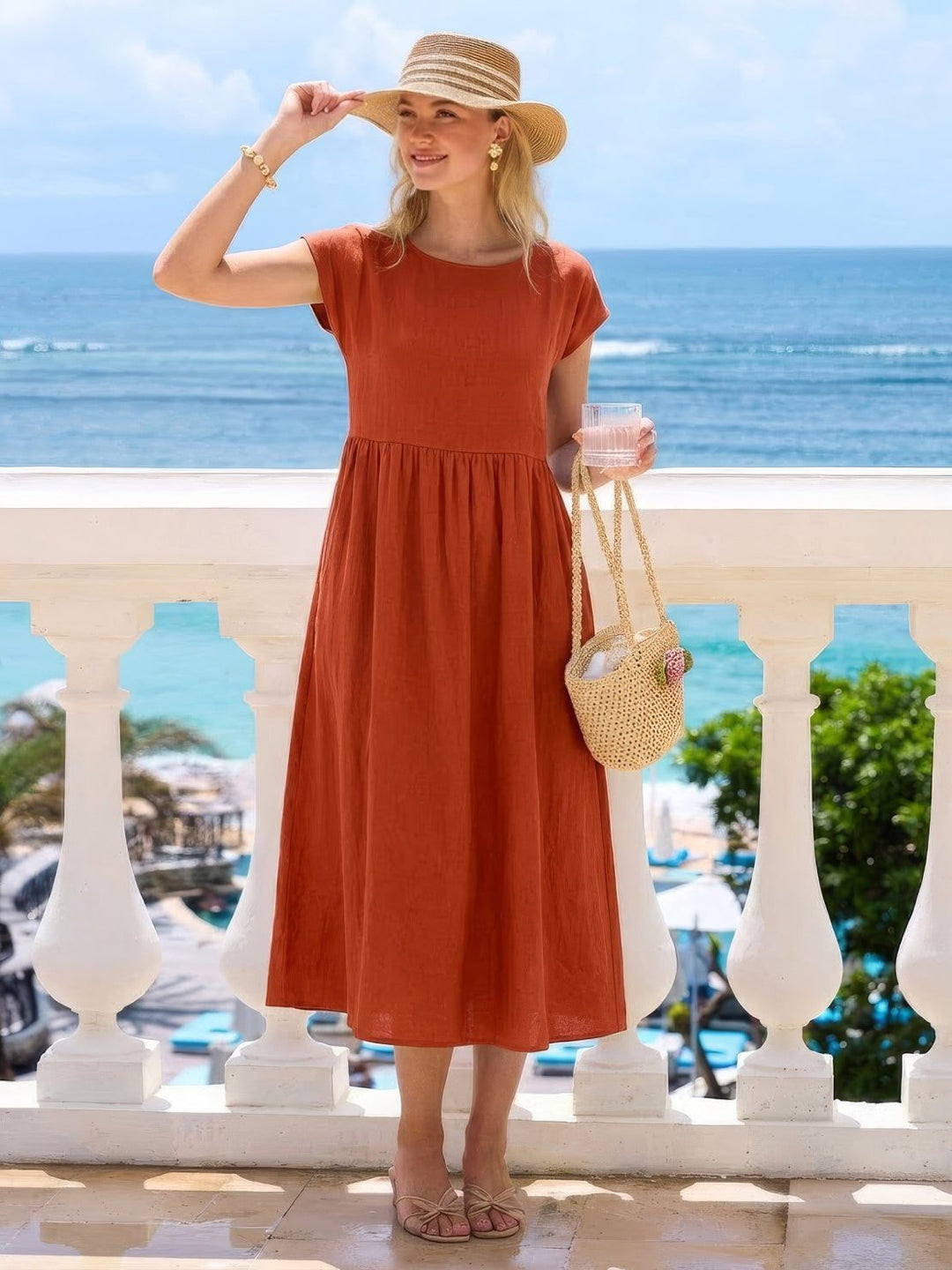 Capped-sleeve, Voluminous Pleated Midi Dress rusty orange image 2 