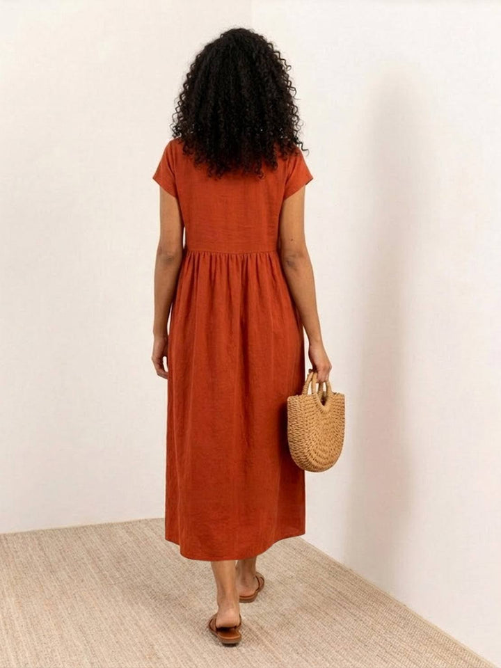 Capped-sleeve, Voluminous Pleated Midi Dress rusty orange image 4 