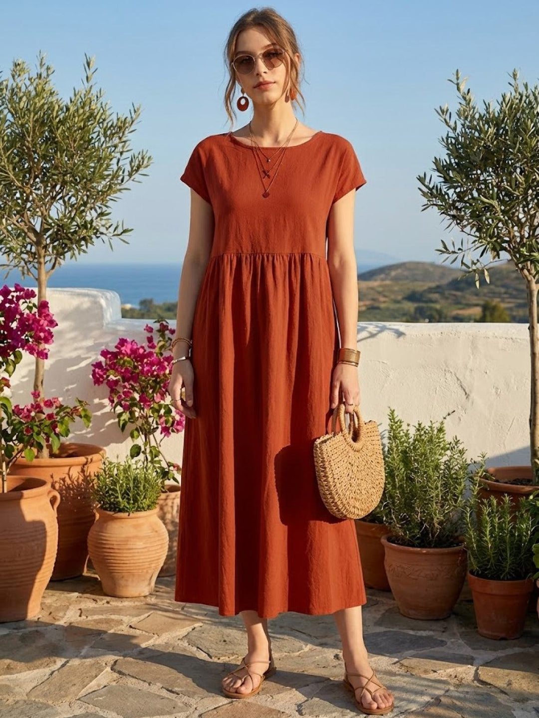 Capped-sleeve, Voluminous Pleated Midi Dress rusty orange image 6 