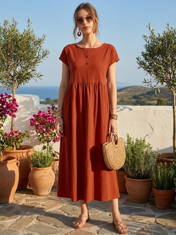 Capped-sleeve, Voluminous Pleated Midi Dress rusty orange image 6 