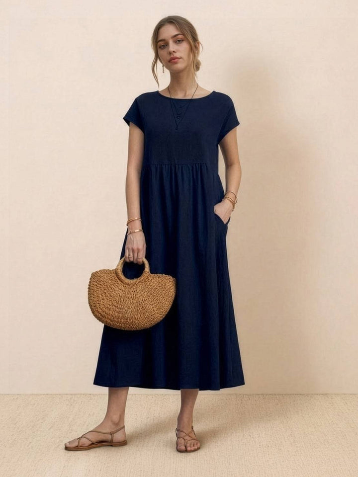 Capped-sleeve, Voluminous Pleated Midi Dress navy blue image 1 