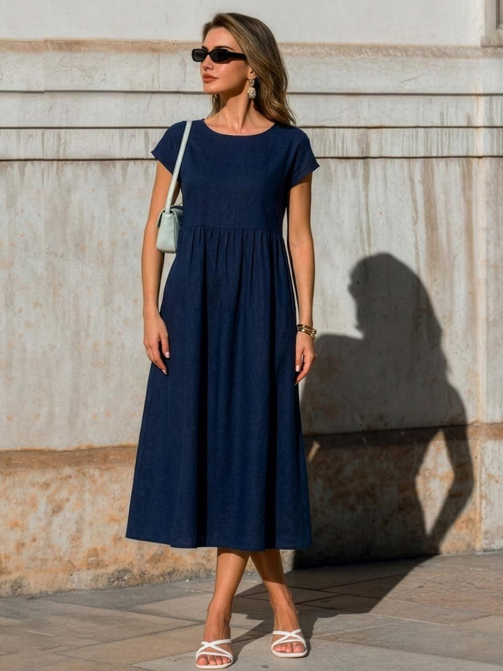 Capped-sleeve, Voluminous Pleated Midi Dress navy blue image 2 
