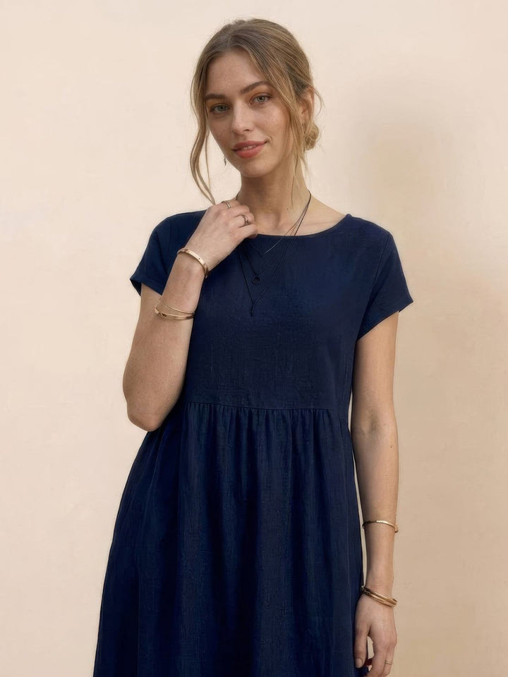 Capped-sleeve, Voluminous Pleated Midi Dress navy blue image 3 