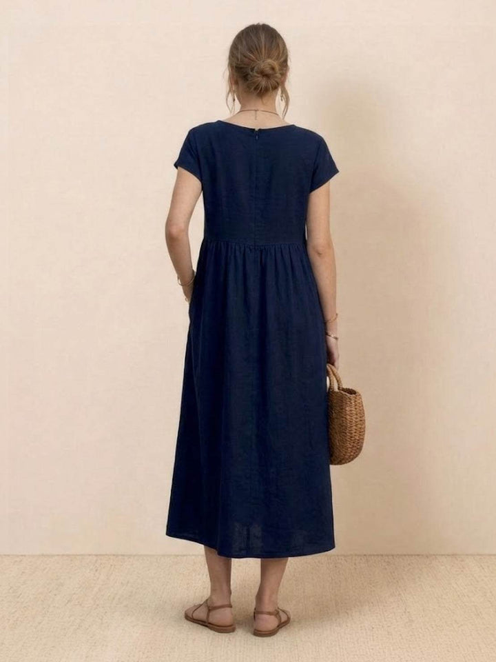 Capped-sleeve, Voluminous Pleated Midi Dress navy blue image 4 