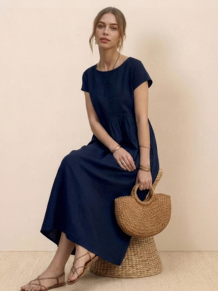 Capped-sleeve, Voluminous Pleated Midi Dress navy blue image 5 