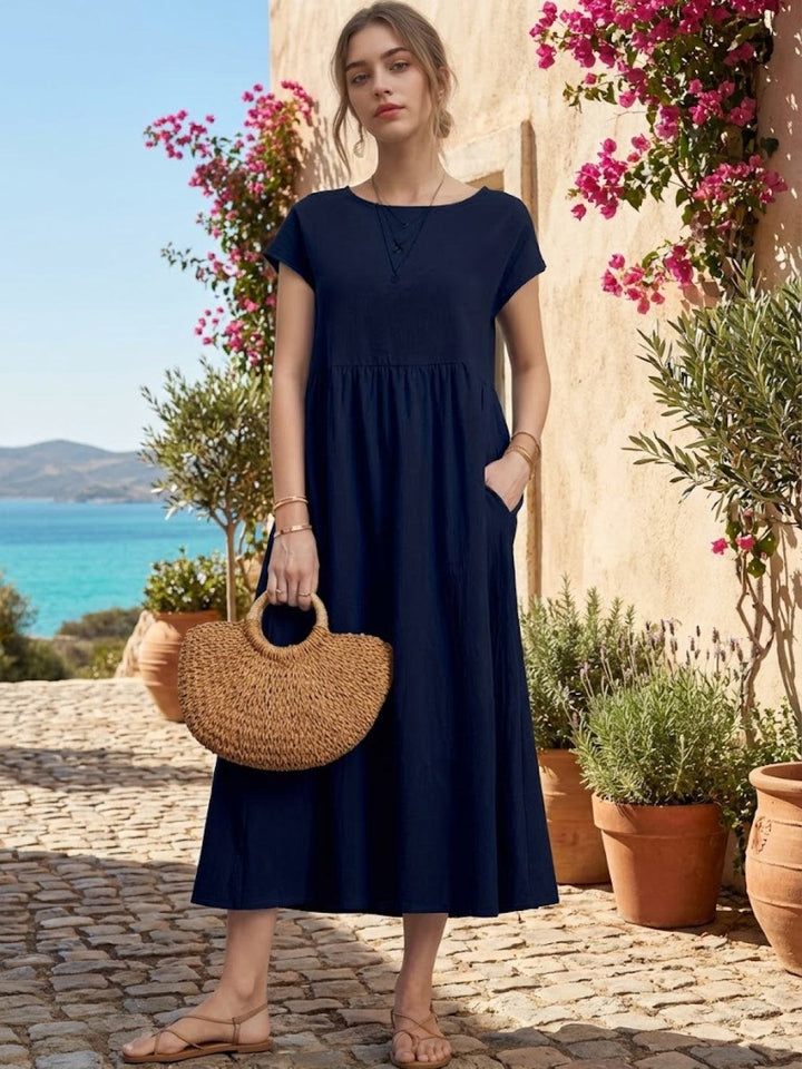 Capped-sleeve, Voluminous Pleated Midi Dress navy blue image 6 