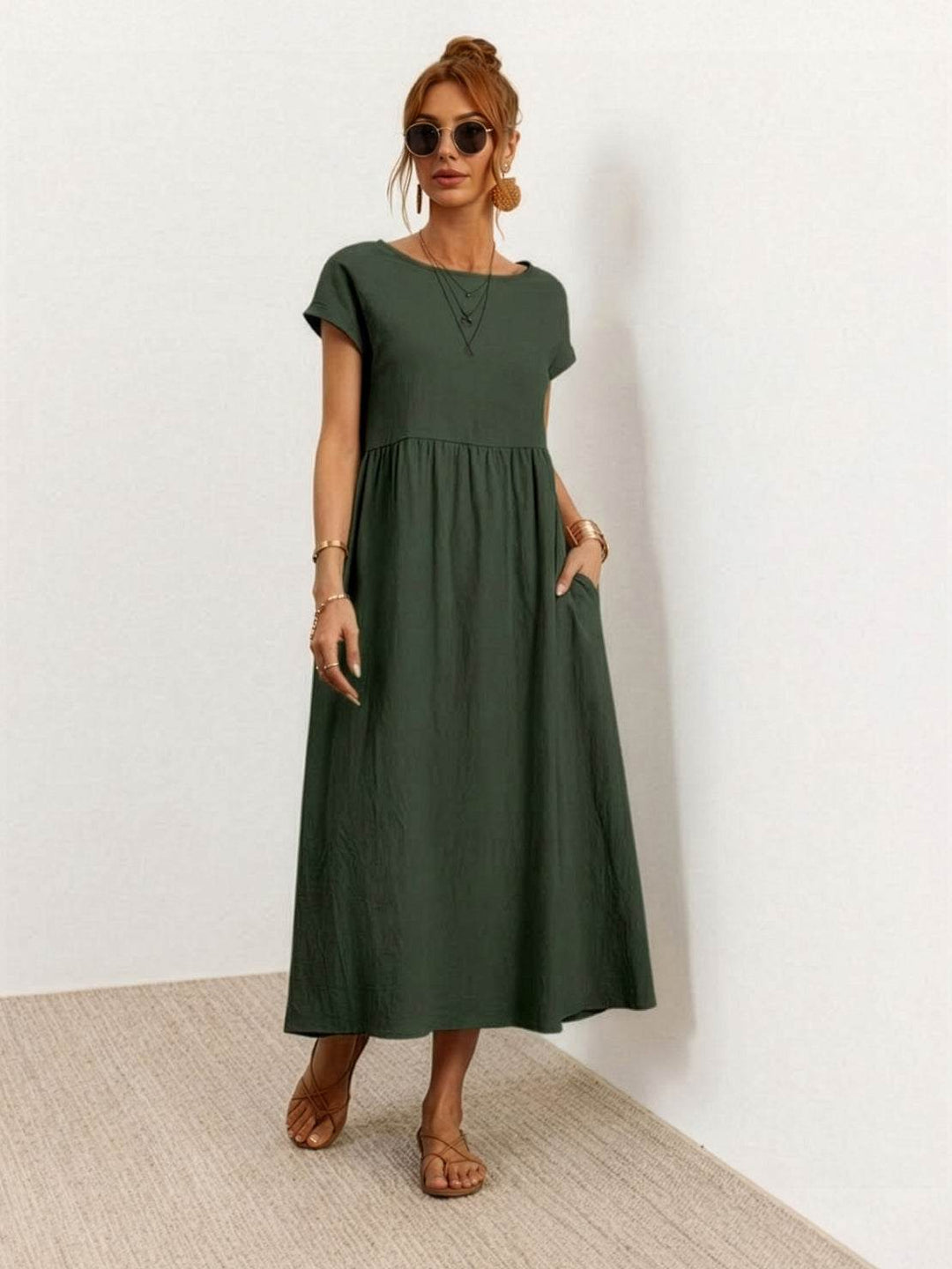 Capped-sleeve, Voluminous Pleated Midi Dress army green image 1 