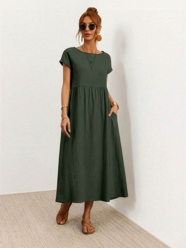 Capped-sleeve, Voluminous Pleated Midi Dress army green image 1 