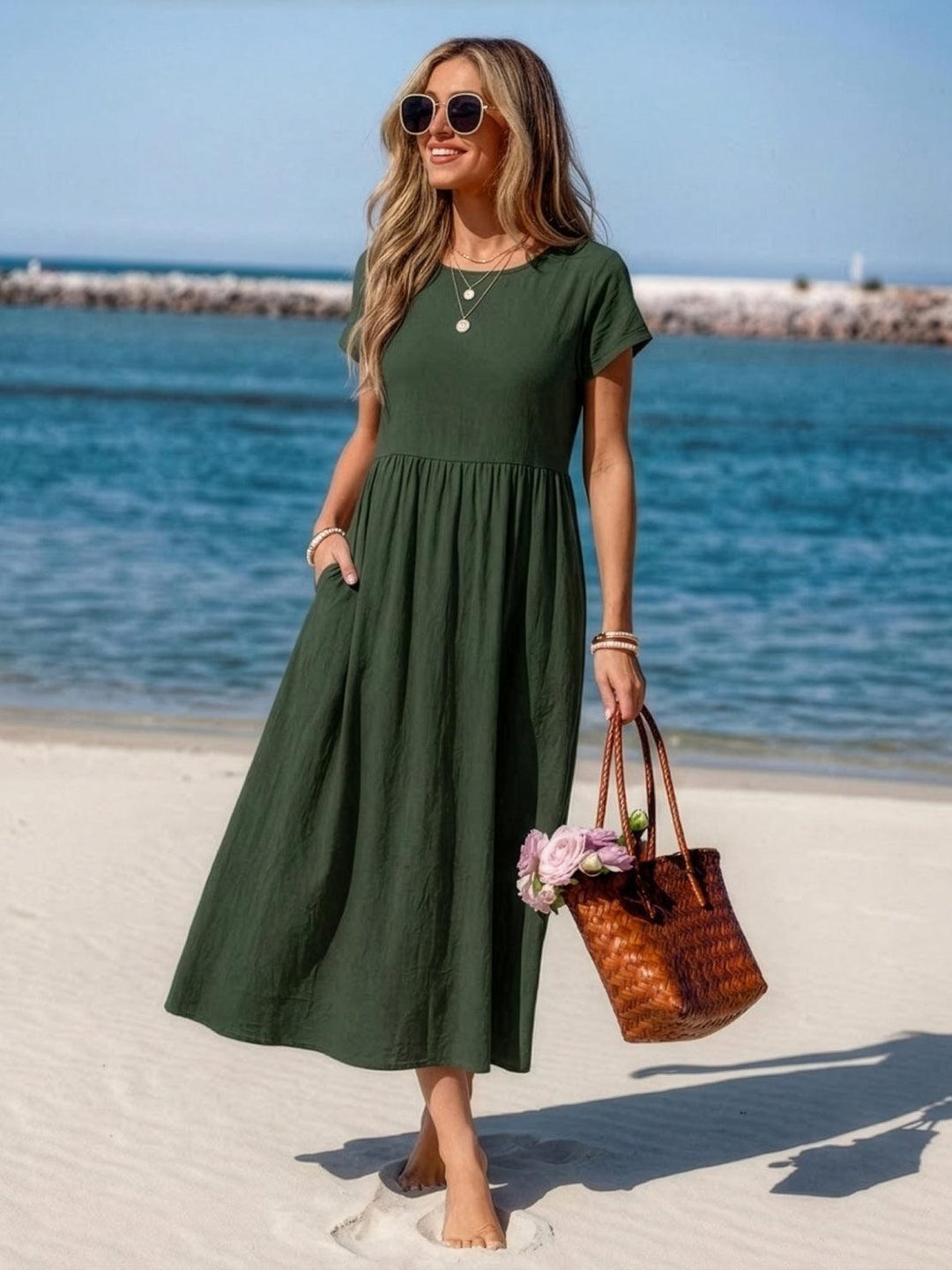 Capped-sleeve, Voluminous Pleated Midi Dress army green image 2 
