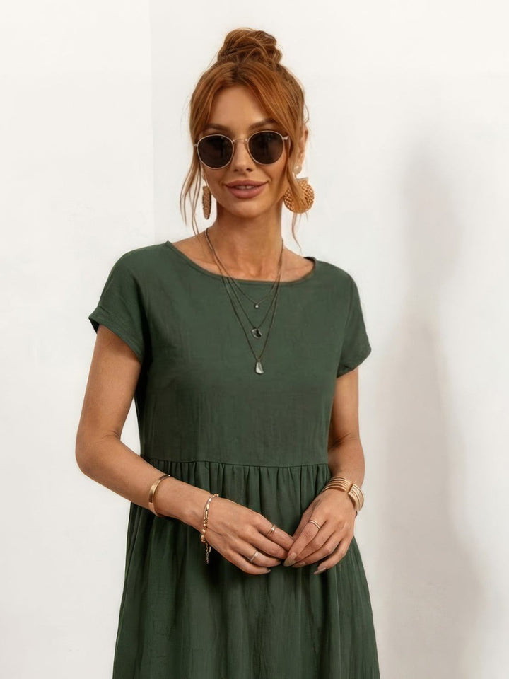 Capped-sleeve, Voluminous Pleated Midi Dress army green image 3 