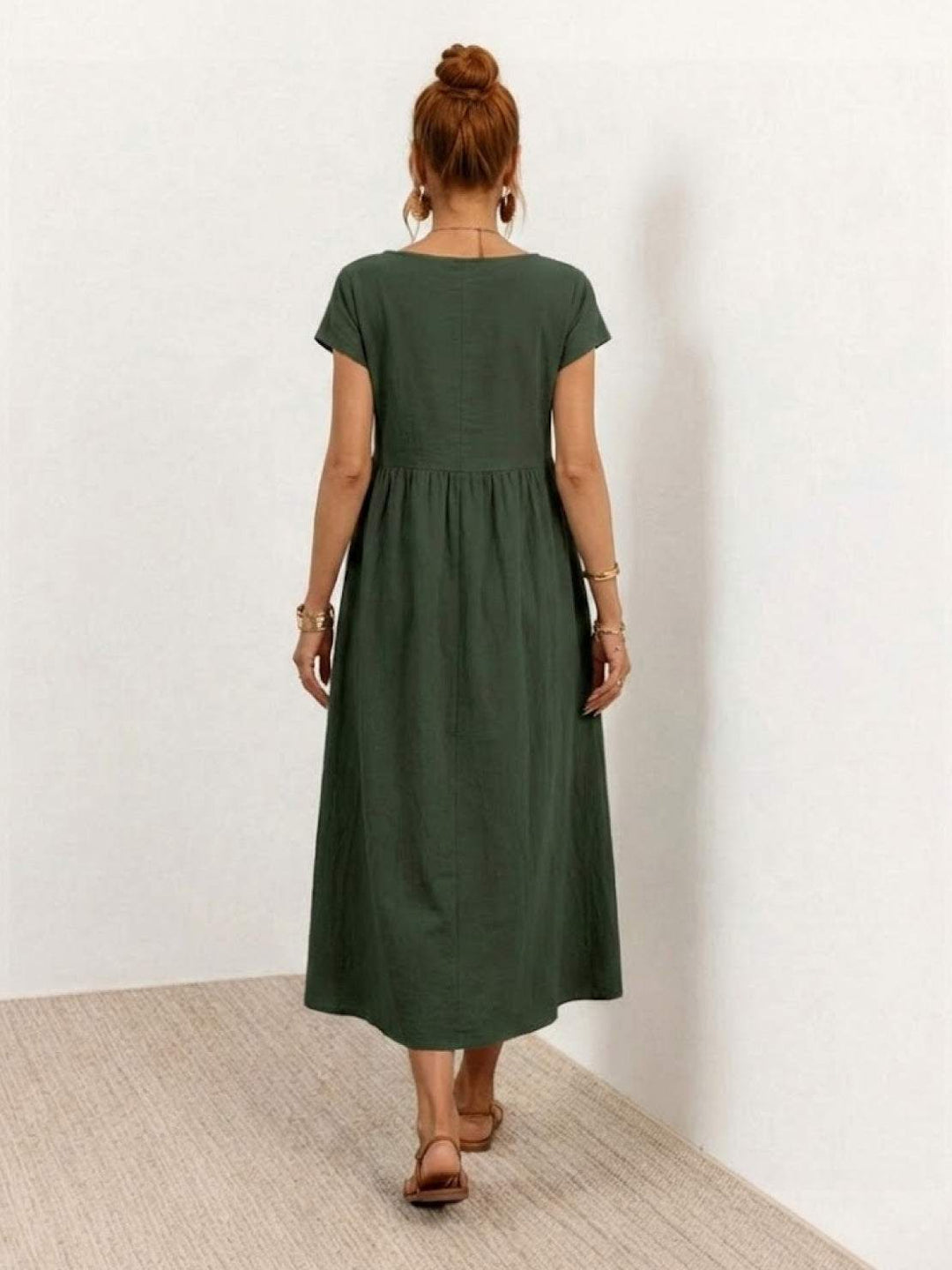 Capped-sleeve, Voluminous Pleated Midi Dress army green image 4 
