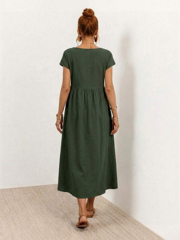 Capped-sleeve, Voluminous Pleated Midi Dress army green image 4 