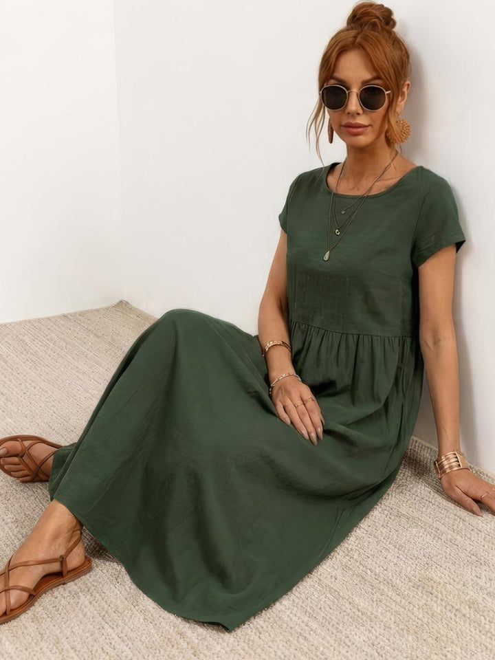Capped-sleeve, Voluminous Pleated Midi Dress army green image 5 